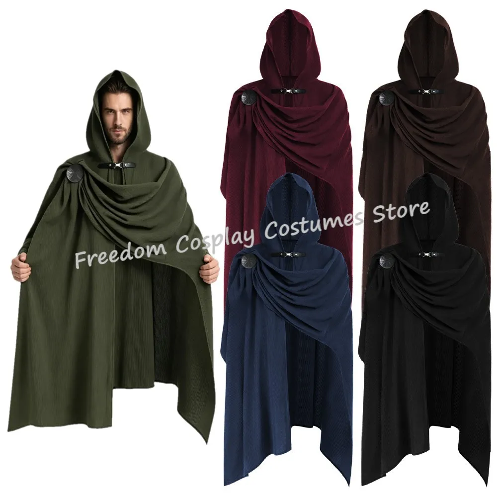 Mens Medieval Corduroy Cloak Cowl with brooch cos Death Knight Halloween Renaissance Knight pirate ranger Cloak Wizard Cosplay