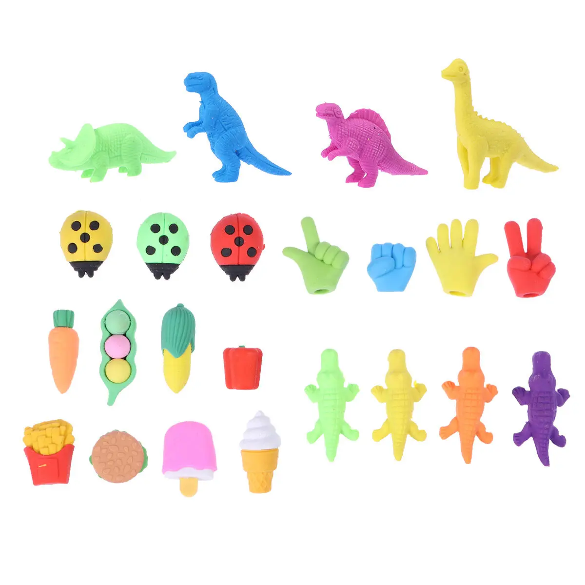 23Pack Eco Friendly Puzzle Erasers Assorted Animal Vegetable Cake Finger Dinosaur Ladybird for School Supplies Party