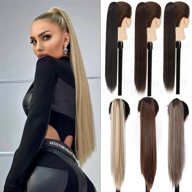 26Inch Ponytail Extensions Claw Long Straight Fake Pony Tail Clip in Hair Extension Natural Synthetic Heat Resistant Hairpiece