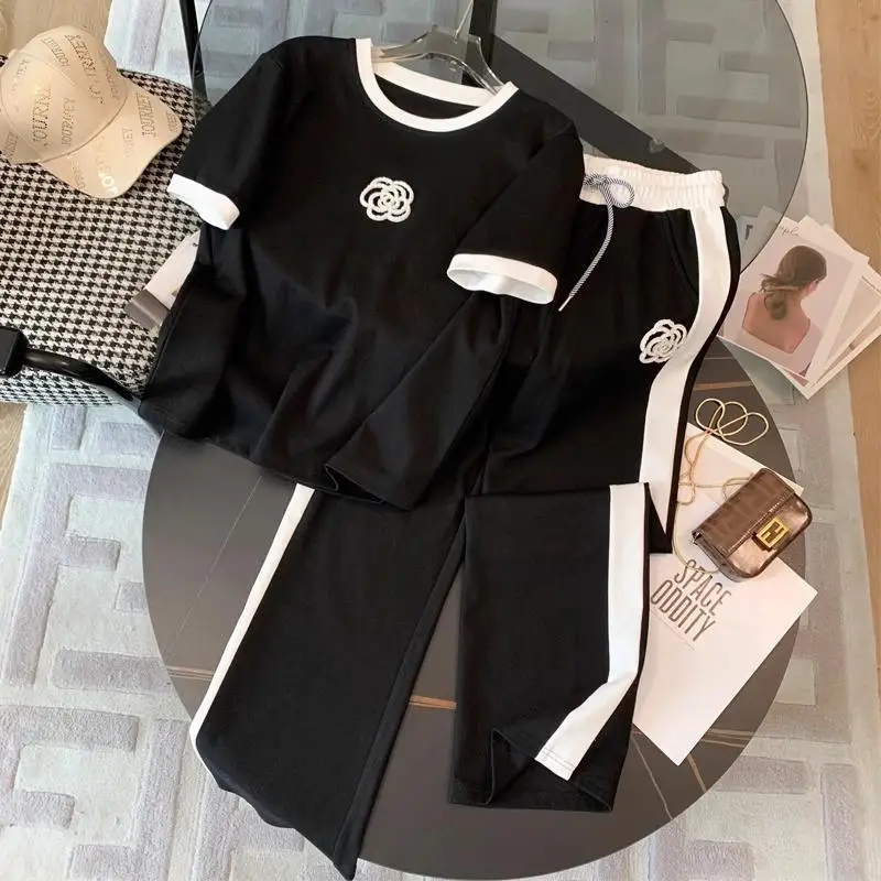 Elegant Summer Thin Wide Leg Pants Sporty Two Piece Set for Women Fashionable Street Style Anti-Aging Trendy Casual Outfit