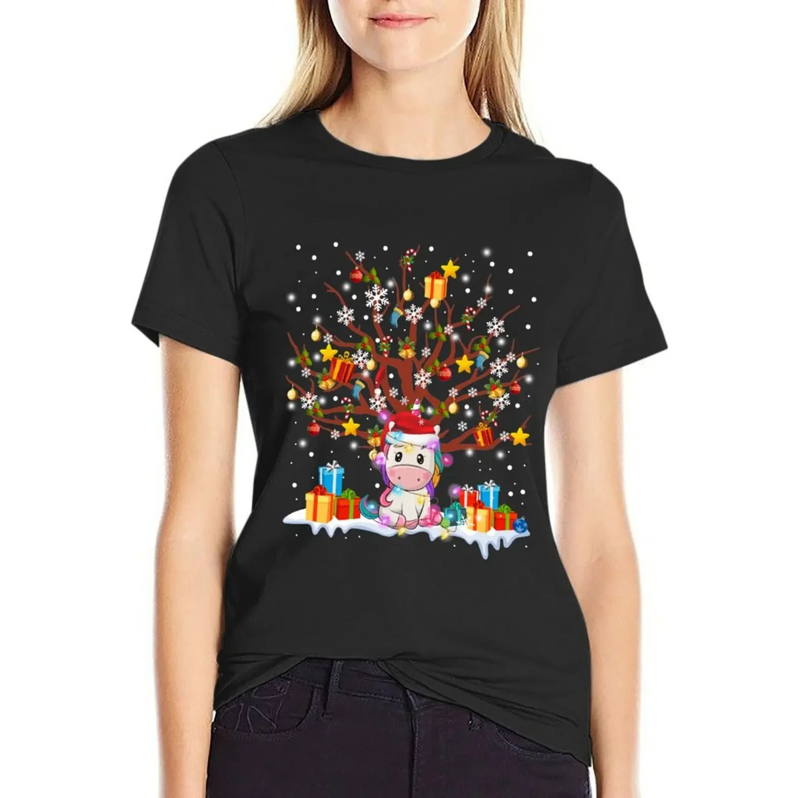 

Unicorn Christmas Tree Lights T-Shirt cute tops animal print shirt for girls blacks designer clothes Women luxury