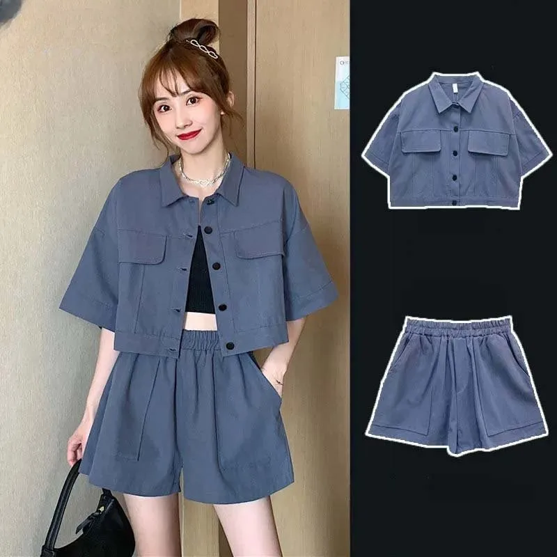 Fashion Women\'s Two-piece POLO Collar Cardigan Jacket+drawstring Elastic High Waisted Shorts for Commuting Sweet Korean Fashion