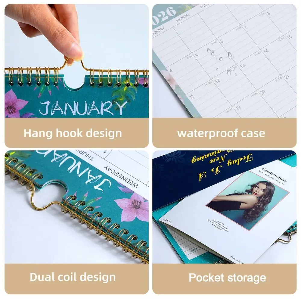 English Version 2026 Wall Calendar Large Date Blocks Floral Design Monthly Planner Vertical Display Thick Paper