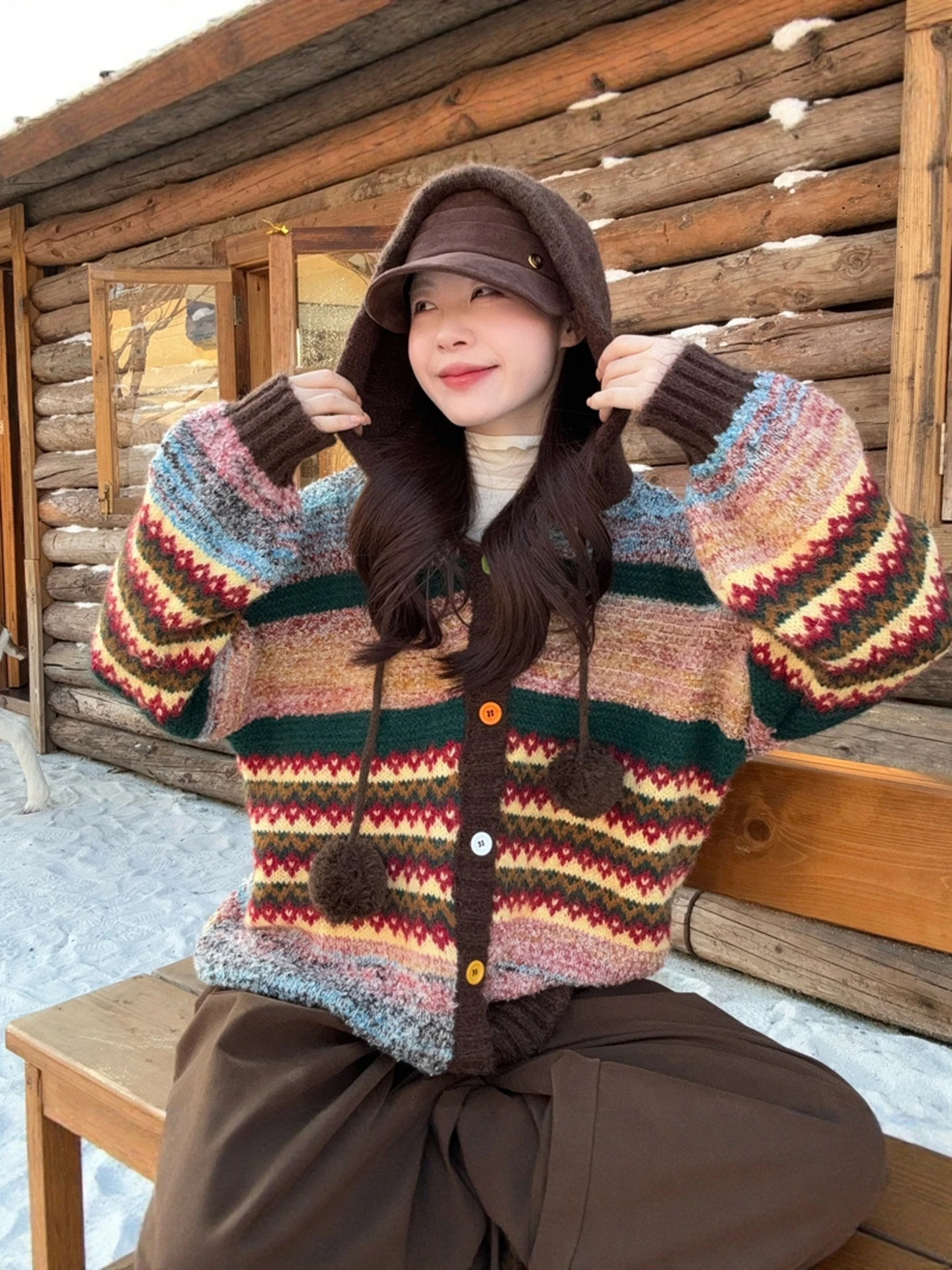 Retro Fair Isle Knitted Sweater Coat Women's Loose Thickened Autumn Winter New Lazy Style Open Cardigan Top Warmth Heating