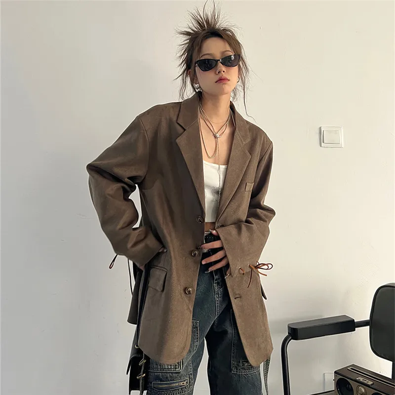 Coffee Color Faux Suede Jacket Casual Loose Spring Women Notched Collar Double-breasted Long Sleeve Female Blazers Streetwear