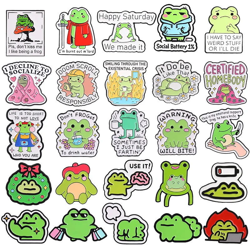 Cute Green Frog Funny Slogan Enamel Badges Collection Cartoon Meme Quote Pins Humorous Mental Health Metal Brooches For Friends
