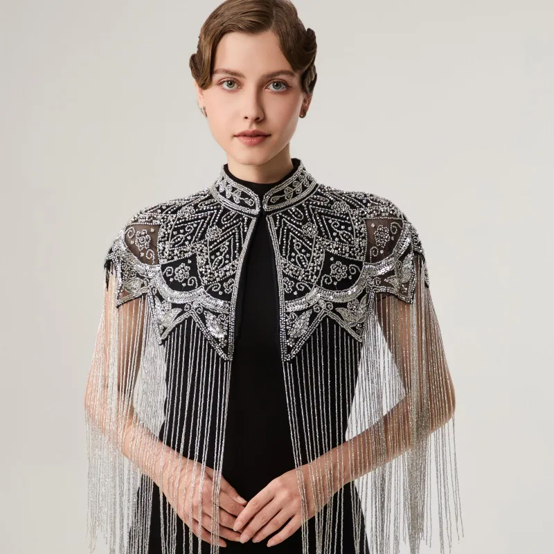 Vintage 1920s Flapper Beaded Fringe Scarf Women Mesh Cape Shawl Cover Up for Gatsby Party Dress