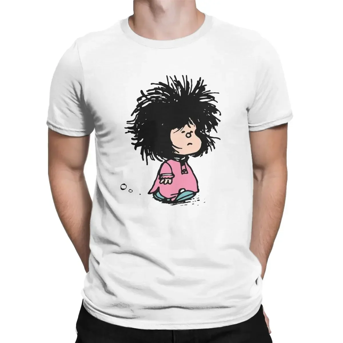 Novelty Mafalda T-Shirt for Men Crew Neck Cotton T Shirt Quino Argentina Cartoon Short Sleeve Tee Shirt Gift Idea Clothing