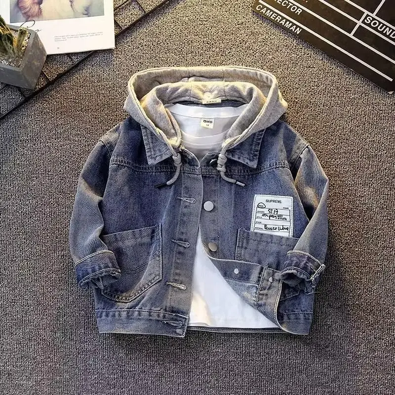 Spring Autumn Kids Denim Jackets for Boys  Baby Hooded Coats Fashion Child Kids Outwear Ripped Jeans Jackets Jean