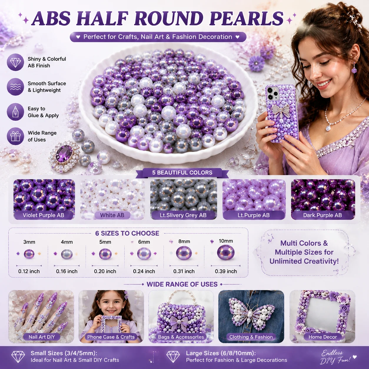 ABS Half Round Flatback Pearls Violet Purple AB White AB Lt.Slivery Grey AB Lt.Purple AB Dark.Purple AB 3-10mm 99-999PCS Nail