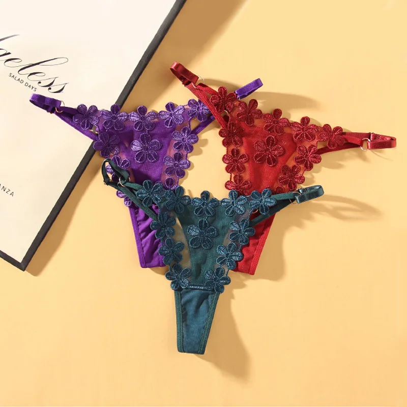سراويل نسائية مثيرة من الدانتيل والتطريز نمط ثونغ سراويل نسائية منخفضة الخصر ملابس داخلية شفافة مثيرة بخصر مجوف قابل للتعديل B #1