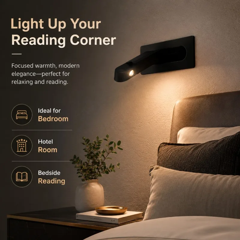 Minimalist Hotel Bedside Reading Wall Lamp Full Spectrum Rotatable 360° Eye-Care Dimmable High CRI for Bedroom Guest Room