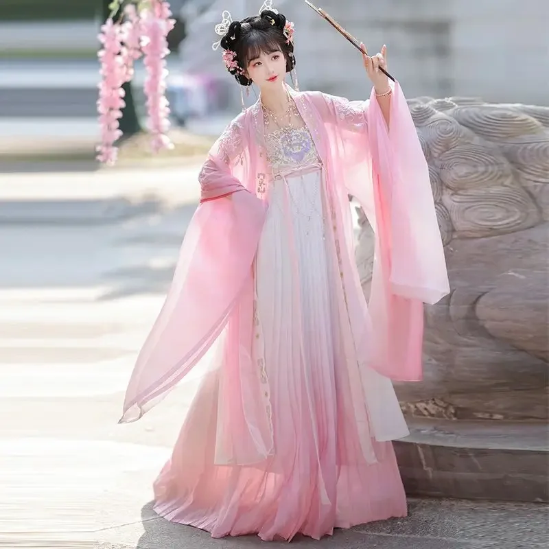 هانفو فستان مطرز على الطراز الصيني ، نمط تانغ الرجعية ، الصيف ، الأزرق ، الطالب ، أداء الكبار ، اطلاق النار ، الرجعية