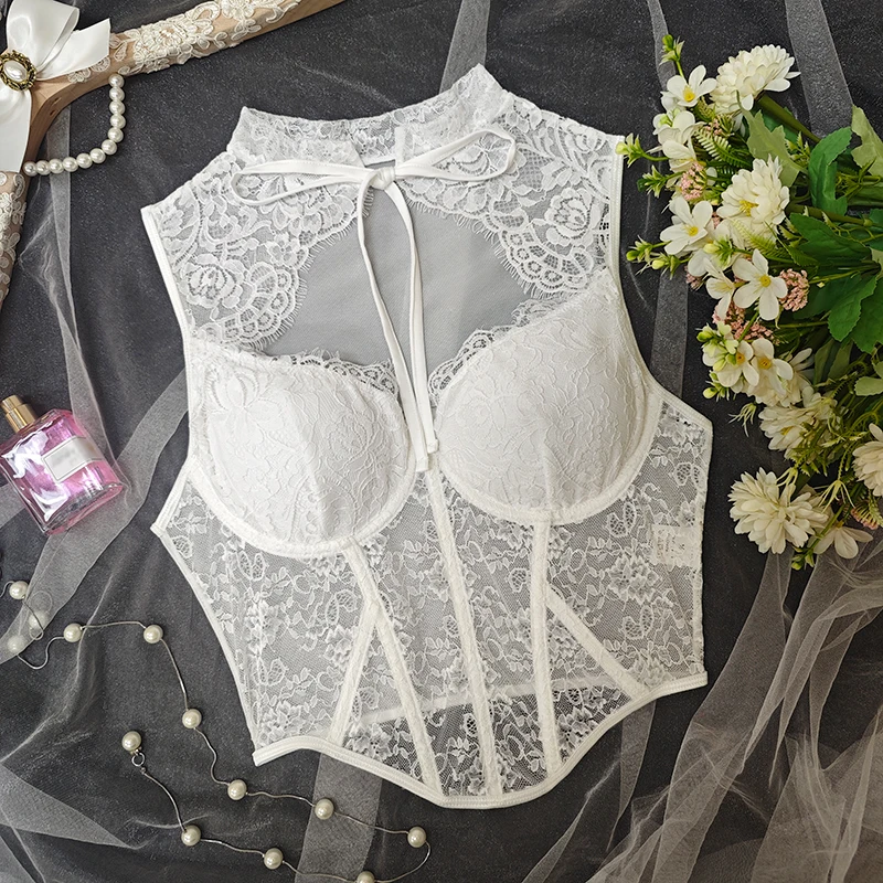 เสื้อครอปตาข่ายซีทรูรัดรูปทรงบัสติเยร์สไตล์ Y2K สำหรับผู้หญิง เซ็กซี่ โชว์เนินอก เหมาะสำหรับใส่เที่ยวกลางคืน ออกงานกลางคืน ปาร์ตี้ คอนเสิร์ต