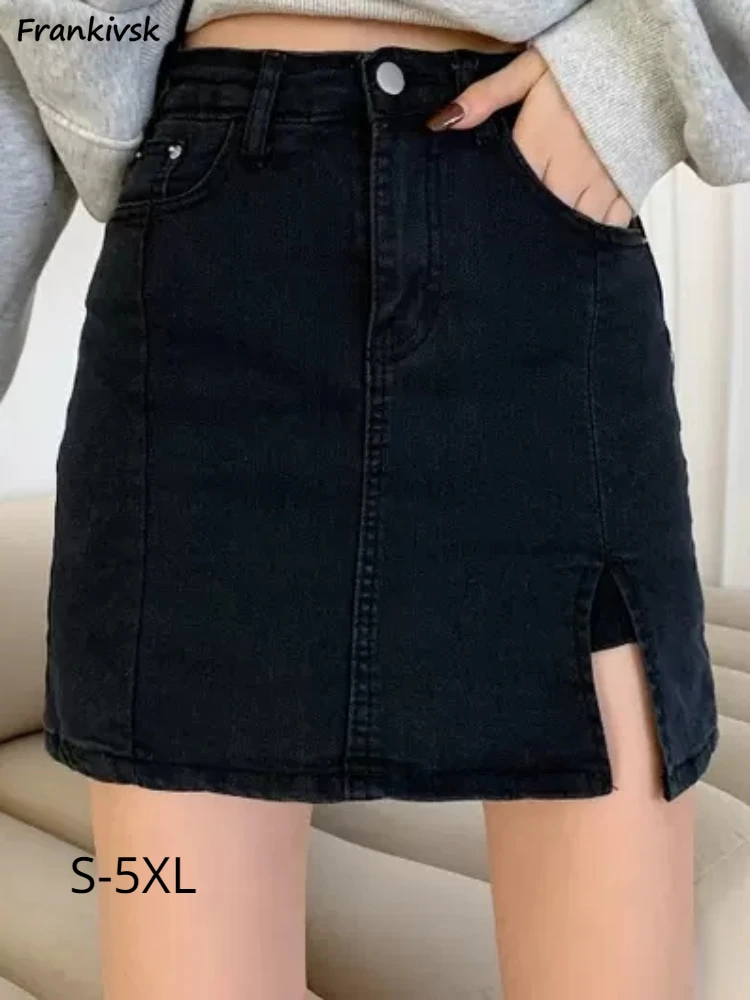 

Denim Skirts Women Simple Solid Slit Fashion Summer Casual Streetwear All-match Commute European Style Slim Comfortable Faldas