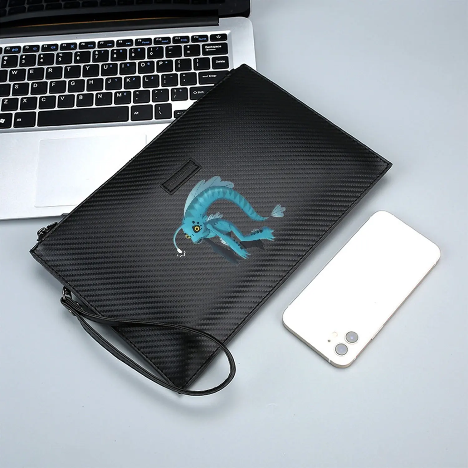 Blue anglerfish creature with bioluminescent light Elegant Printed PU Men's Handbag Fashionable and Practical for Everyday Carry