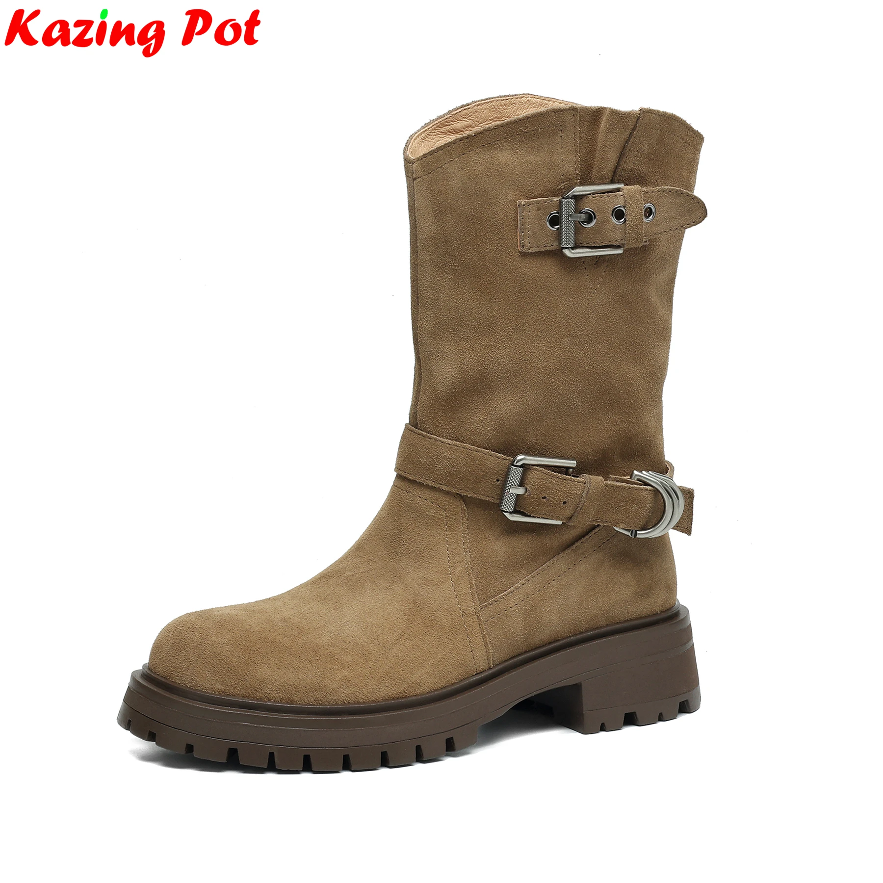 

Plus Size 34-42 Cow Suede Med Heels Western Modern Boots Warm Winter Autumn Shoes Belt Buckle Dating Brand Women Mid-calf Boots