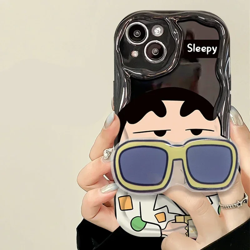 C-Crayon S-ShinChan Glasses Support Case for iPhone 15 14 11 Pro Max 13 12 Mini XR XS X 8 7 6 6S Plus SE 2020 Shockproof Cover