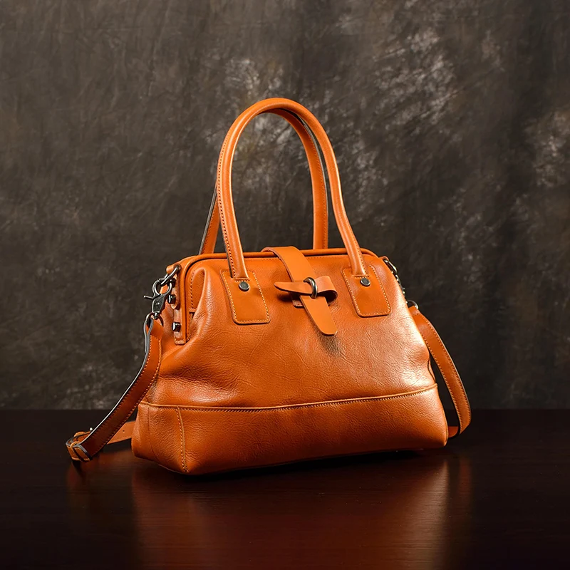 Retro doctor bag, genuine leather women's bag, top layer cowhide handbag, casual crossbody women's bag