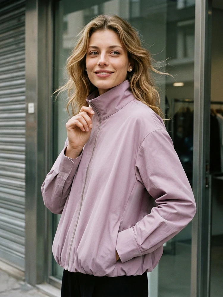 Lady Pink Stand Collar Zip Up Jacket Loose Drop Shoulder Cropped Lightweight Coat 2026 Autumn Casual Minimalist Commute Outfit