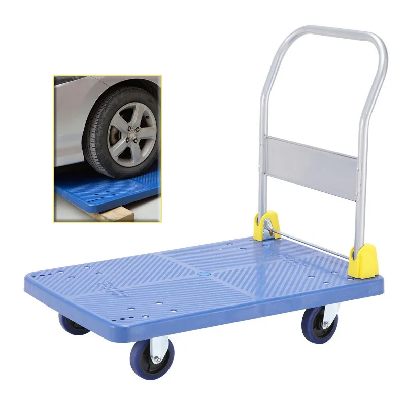 Silent Folding Hand-Pulled Flatbed Truck Portable Light Loading Unloading Four-Wheel Trailer Trolley for Home Use，Trolley Cart