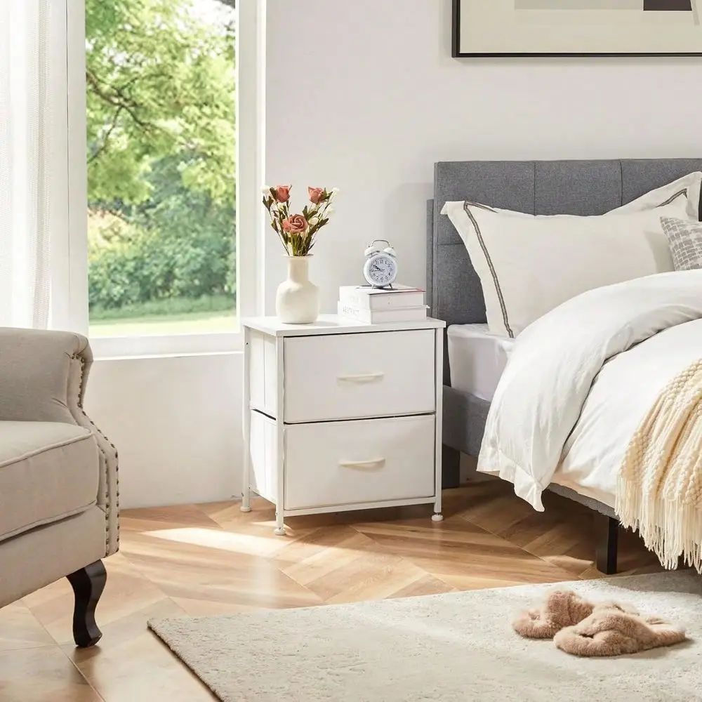 Nightstand With 2 Storage Drawers, 20 Height Small Bed Side Furniture End Table, Wooden Top Fabric Cabinet Kids Night Stand Min