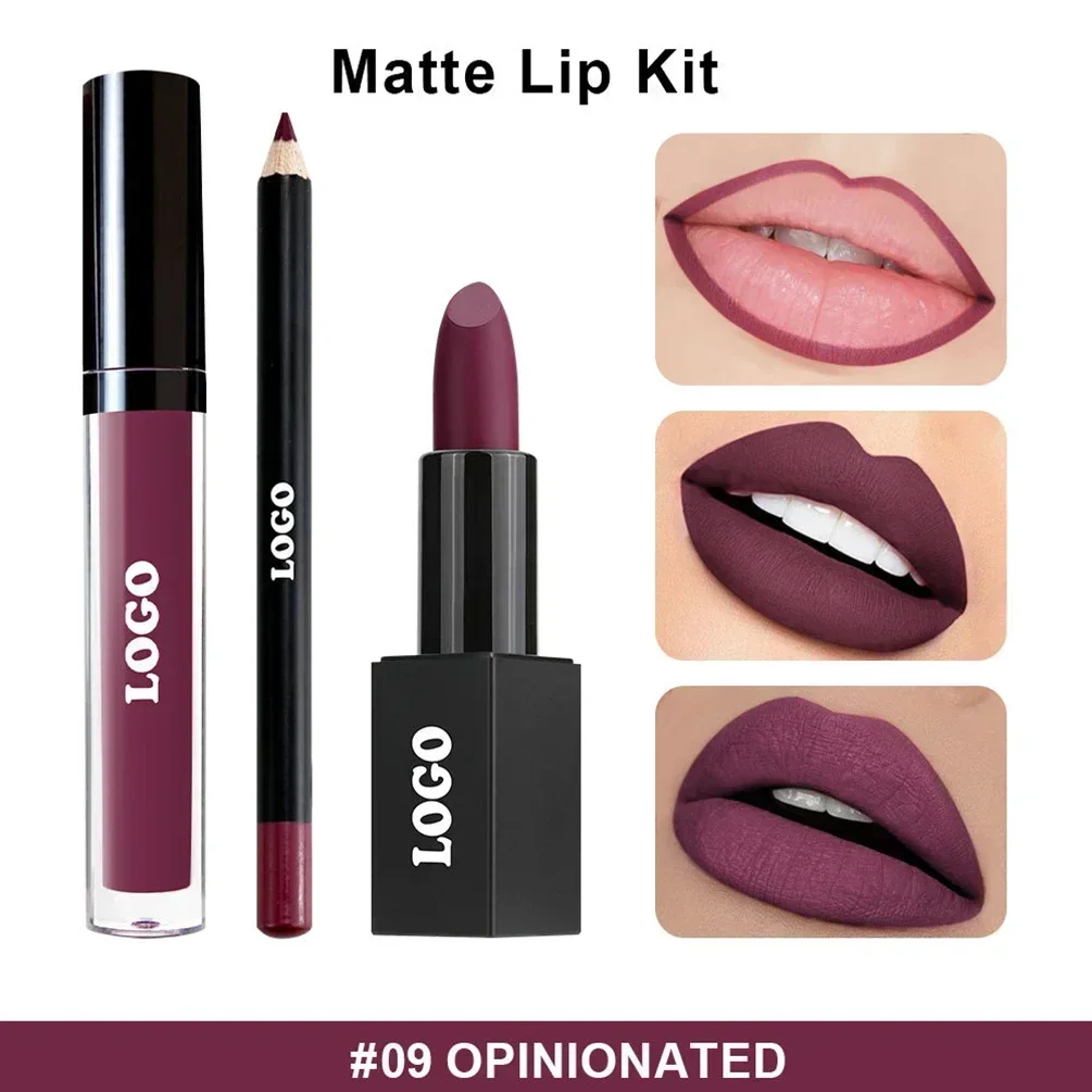 Private Label 3 Pieces Lipstick Lip Gloss Lipliner Kit Custom Logo Pigment Long Lasting Non-stick Makeup Bulk Black Square Tube