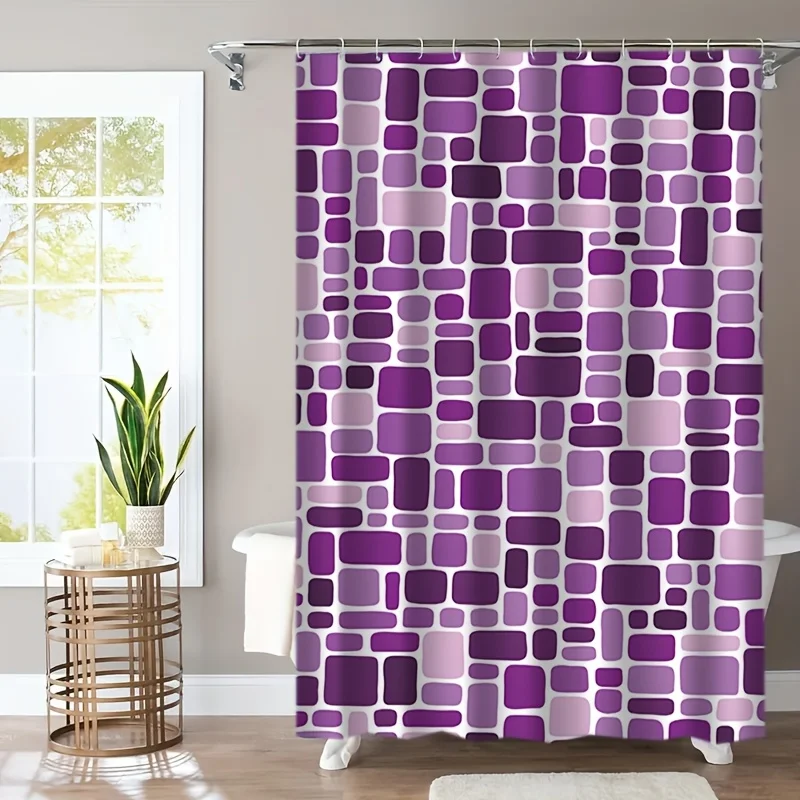 Modern Purple Mosaic Shower Curtain, Irregular Rectangle Brick Grid Art Print, Machine Washable Bathroom Shower Decor Curtain