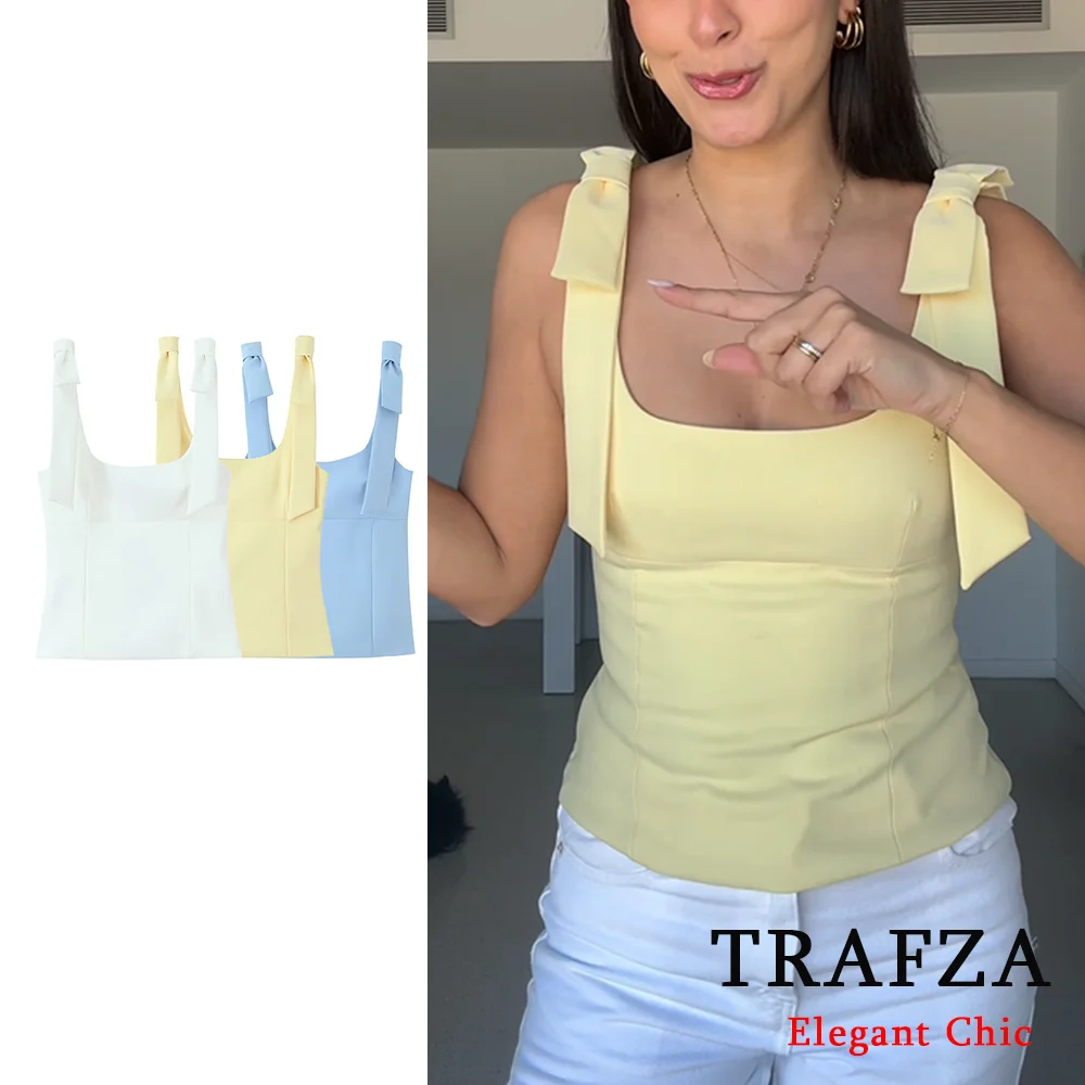 

TRAFZA-Women Sexy Butter Yellow White Blue Cami Tops Bow Tie Top New 2025 Summer Fashion Holiday Charming Beach Party Date Top
