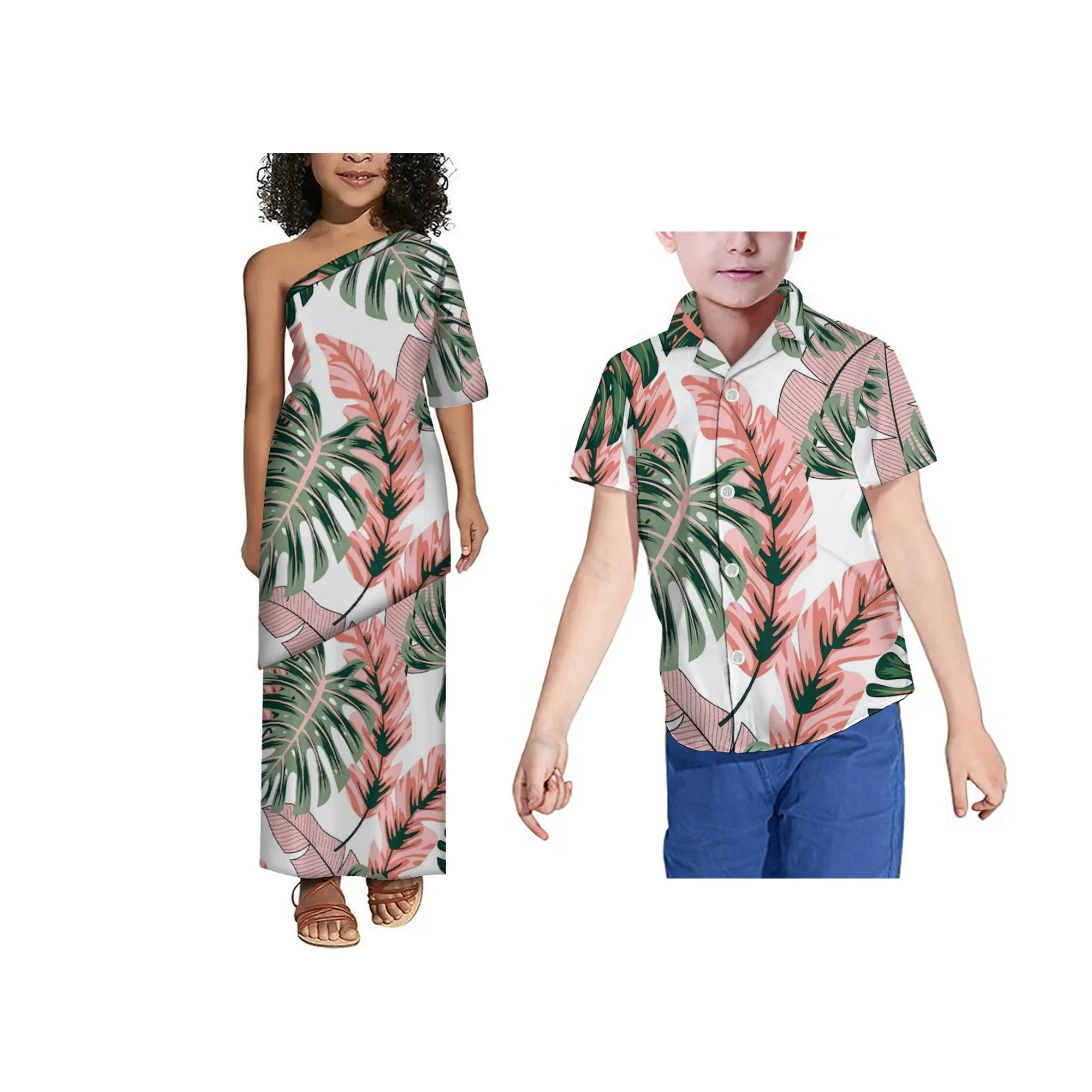 Venda quente personalizado polinésia tribal impressão meninas puletasi crianças fora do ombro vestido da criança crianças 2 peça conjunto vestido