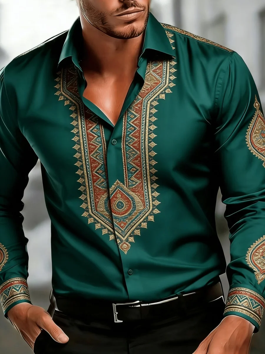 Men Luxury Dark Green Satin Print Shirt Vintage Ethnic Geometric Paisley Pattern Long Sleeve Shirts Formal Party Business Dress