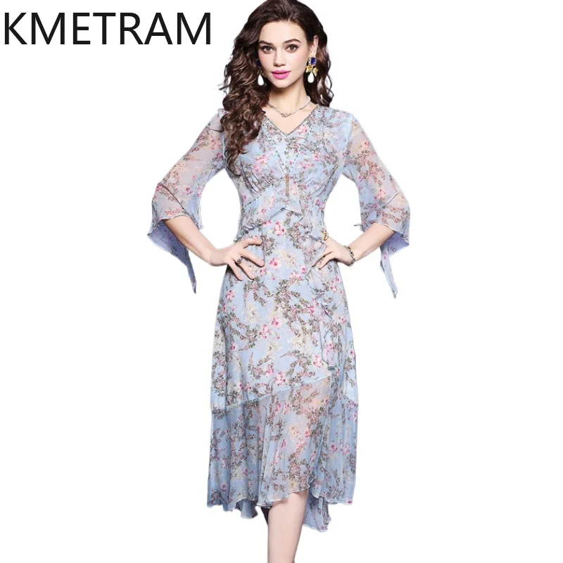 

Шелковые длинные платья KMETRAM из 100% тутового шелка для женщин, высококачественные вечерние платья с V-образным вырезом, летние наряды, женская одежда 2026, Vestidos