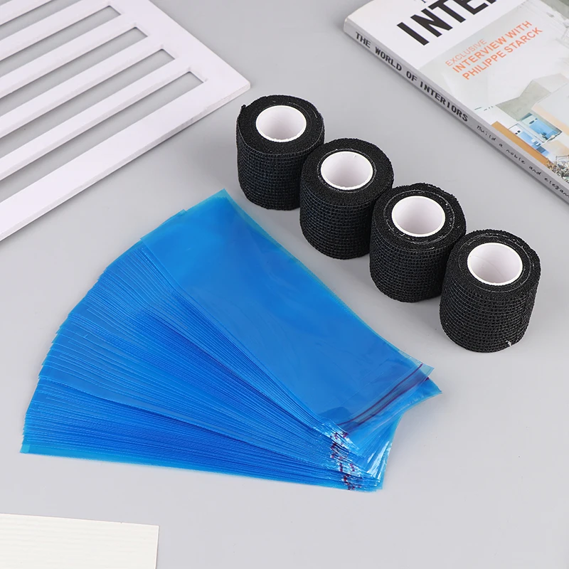 100 pezzi di coperture per macchinette per tatuaggi con nastro avvolgente, grandi sacchetti per penne e 4 pezzi di copertura per avvolgitrici per tatuaggi con impugnatura, combinazione di maniche per penne