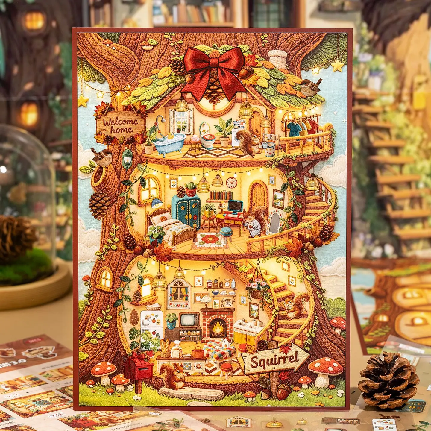 Forest Fairy Tale Scene Stickers, Knitted Texture Tree House & Rabbit Burrow Decals for Journal Scrapbook DIY Crafts