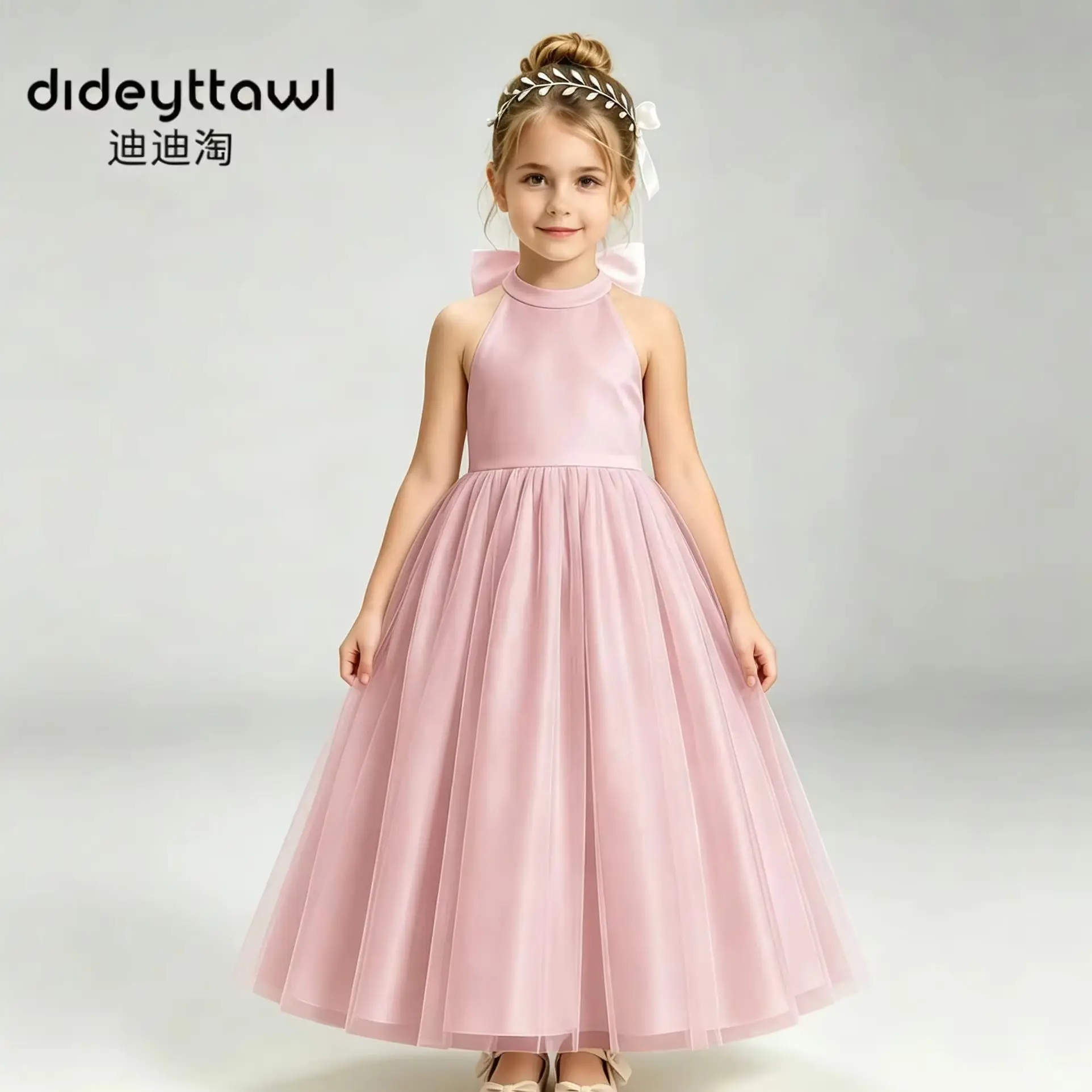 Dideyttawl Halter Neck Tulle Long Train Flower Girl Dress Multi Color Available Formal Pageant Gown Big Bow Back Tiered Dress
