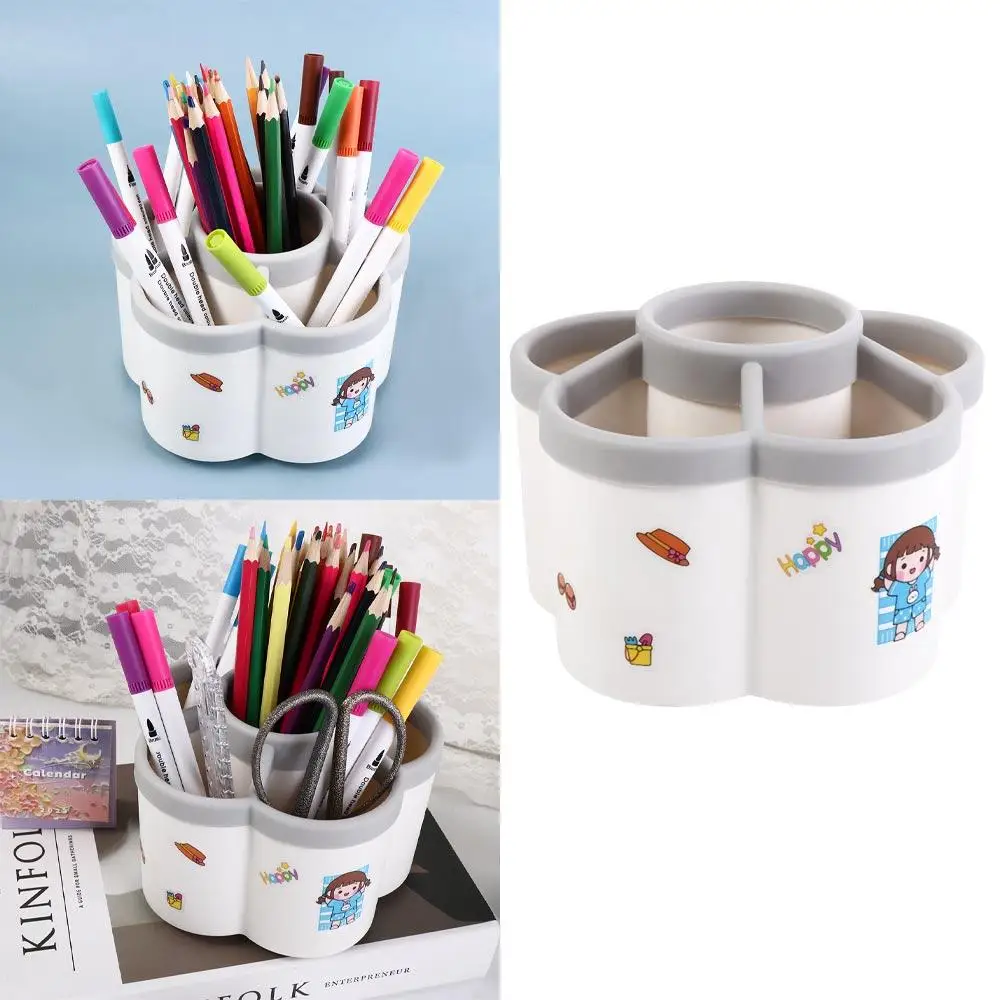 360° Rotating Petal-shaped Pen Holder White with Cartoon Sticker Lipstick Storage Box Large-capacity Dust-proof