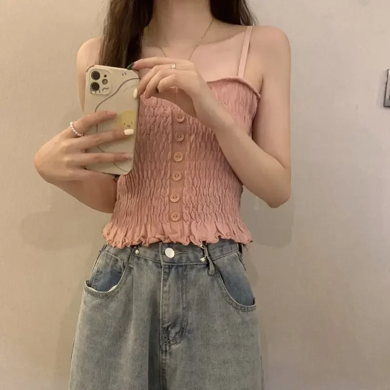 6 Colors Camisole Women Fashion Sleeveless Harajuku Crops Femme Sweet Preppy Style Holiday Stretchy Button Design Summer Korean