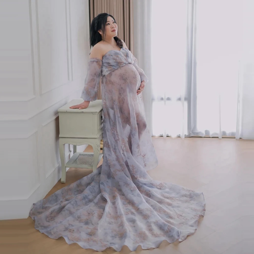 

Платье для беременных с открытыми плечами для фотосессии, с длинным шлейфом, из мягкой сетчатой шифоновой ткани, с цветочным принтом, свадебное платье для беременных женщин ﻿