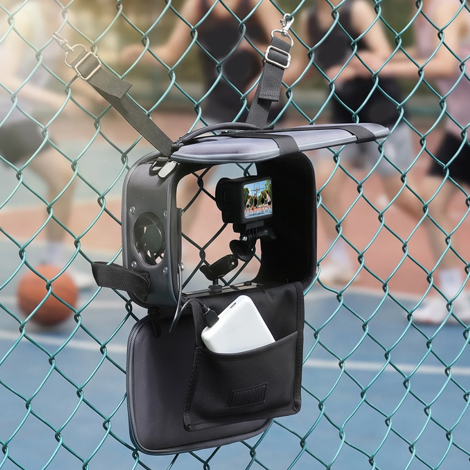 Dual-use Camera Bag with Fence Mount And Cooling Fan for DJI Action Insta360 Ace Oxford Gray