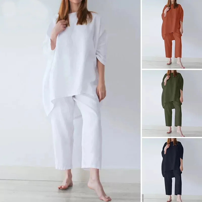 

Women's Suit Women's Loose Fashion Casual Solid Color Two-piece Suit Mid-sleeve Top + Trousers For Women