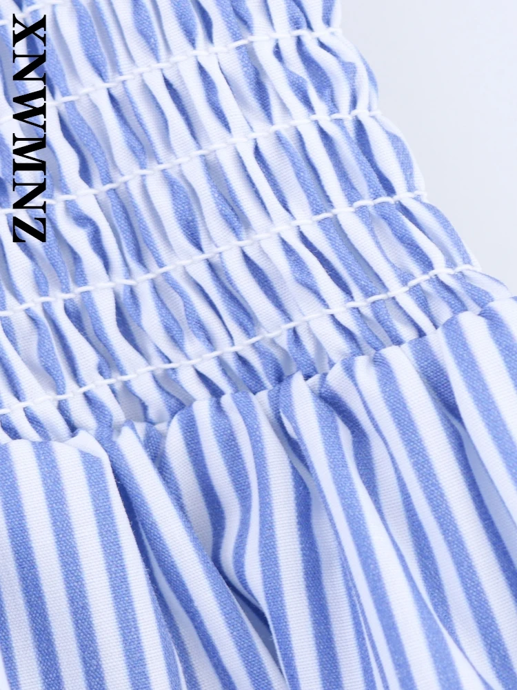 XNWMNZ 2025 Summer New Lady Holiday boho Square Collar midi Dresses Chic Fashion Women Clothing Blue Short Sleeve Pleated dress
