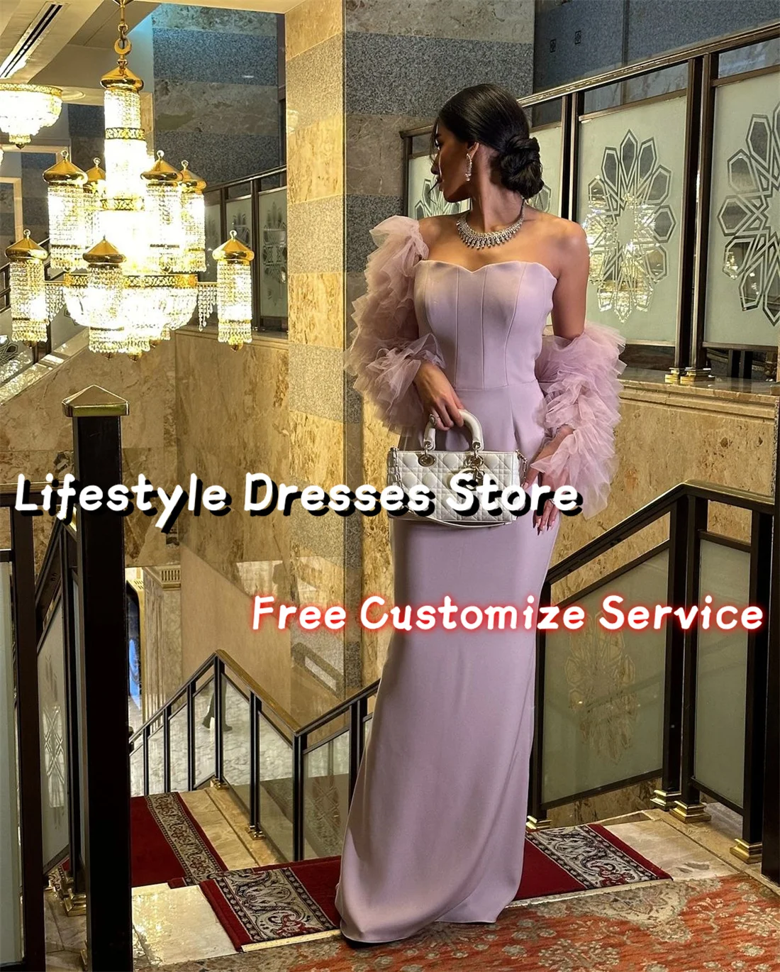 Customized Crepe Pink Formal Evening Dress for Arabic Women Tulle Tiered Jacket Wedding Party Gown  Formal Dress