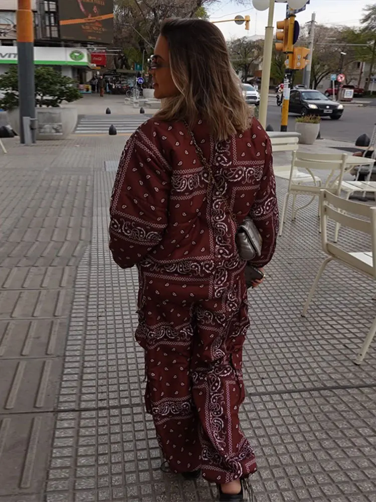 Women's Printed Cotton Padded Coat Pant Set Loose Stand Collar Long Sleeve Zipper Coats Straight Leg Pants 2026 Winter Lady Suit