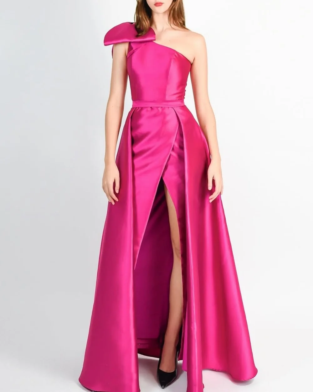 Customized Matching Fashion Pleat Ruched Bow Sash A-line One-shoulder Floor-Length Evening Dresses Sizes Available for Woman