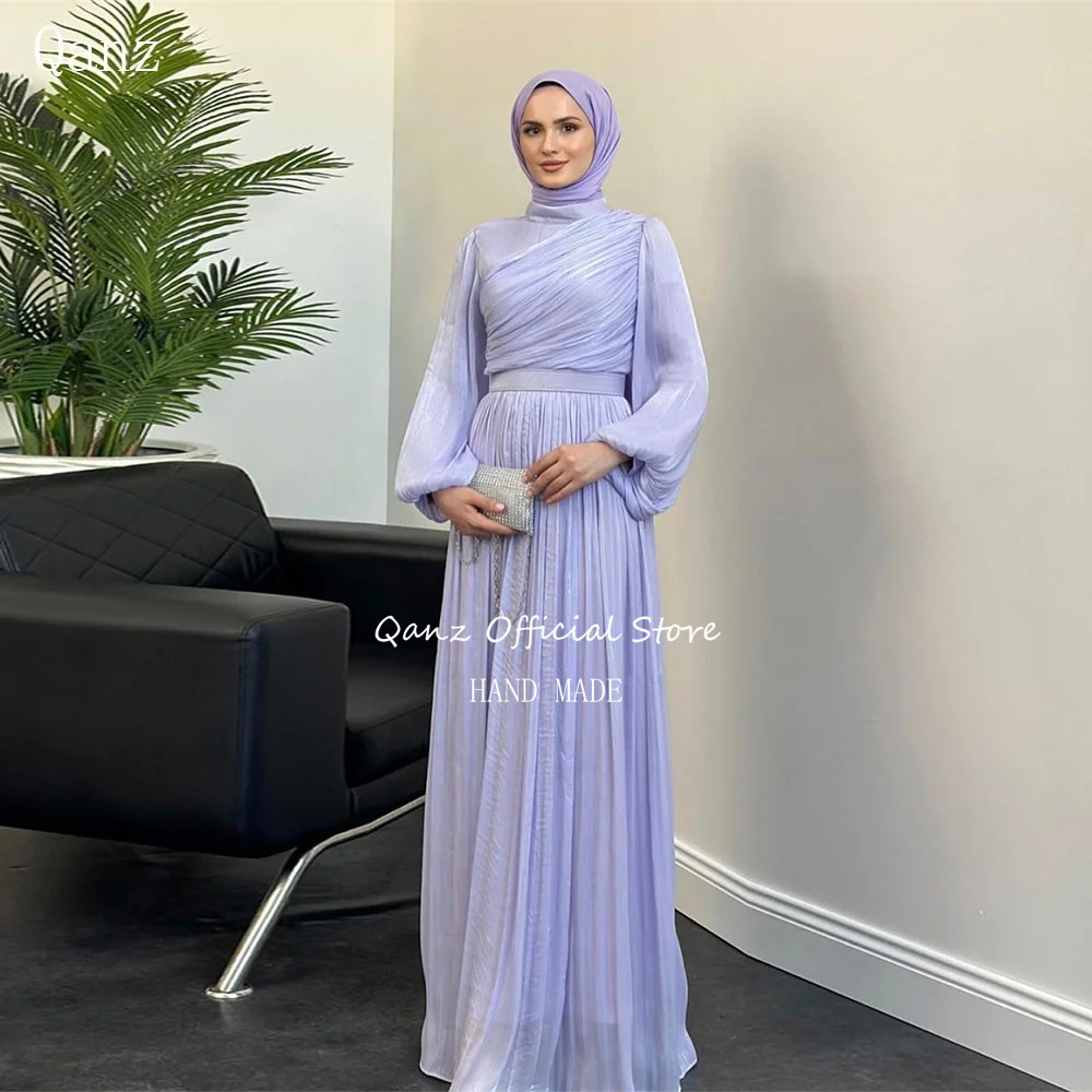 

Qanz Lilac Long Sleeve Muslim Evening Dresses Islamic A Line Elegant Formal Party Gown Arabic Kafatn Robe De Soiree Customized