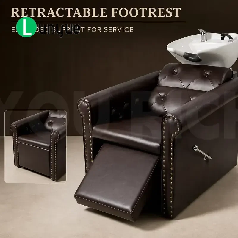 Vintage Brown Tufted Leather Shampoo Chair with Ceramic Basin for Barber Shop Beauty Furniture Durable Stylish Design