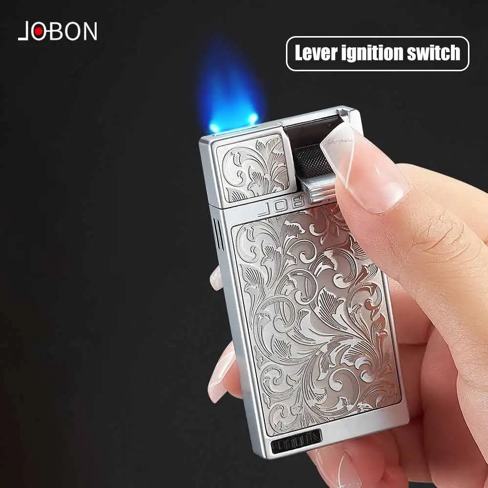 

Зажигалка JOBON с плоским синим пламенем, двусторонняя, с рельефным дизайном, легкое выдвижное поджигание, видимое окно уровня газа, корпус из сплава