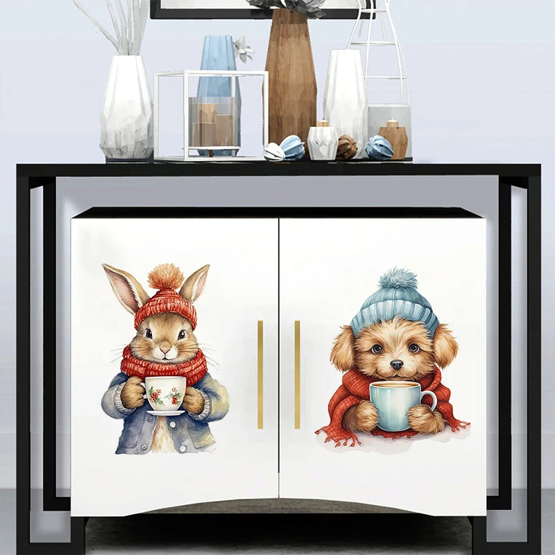 C218# Winter Cat Puppy Mouse Rabbit Wall Sticker Bathroom Toilet Decor Living Room Cabinet Refrigerator Home Decoration Decals