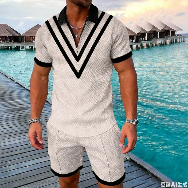 

Summer 3D Print Men's Polo Shirt Set Casual Fashion Zipper Short Sleeve+Shorts Two-piece Set New Outdoor Daily Lapel Men Clothes