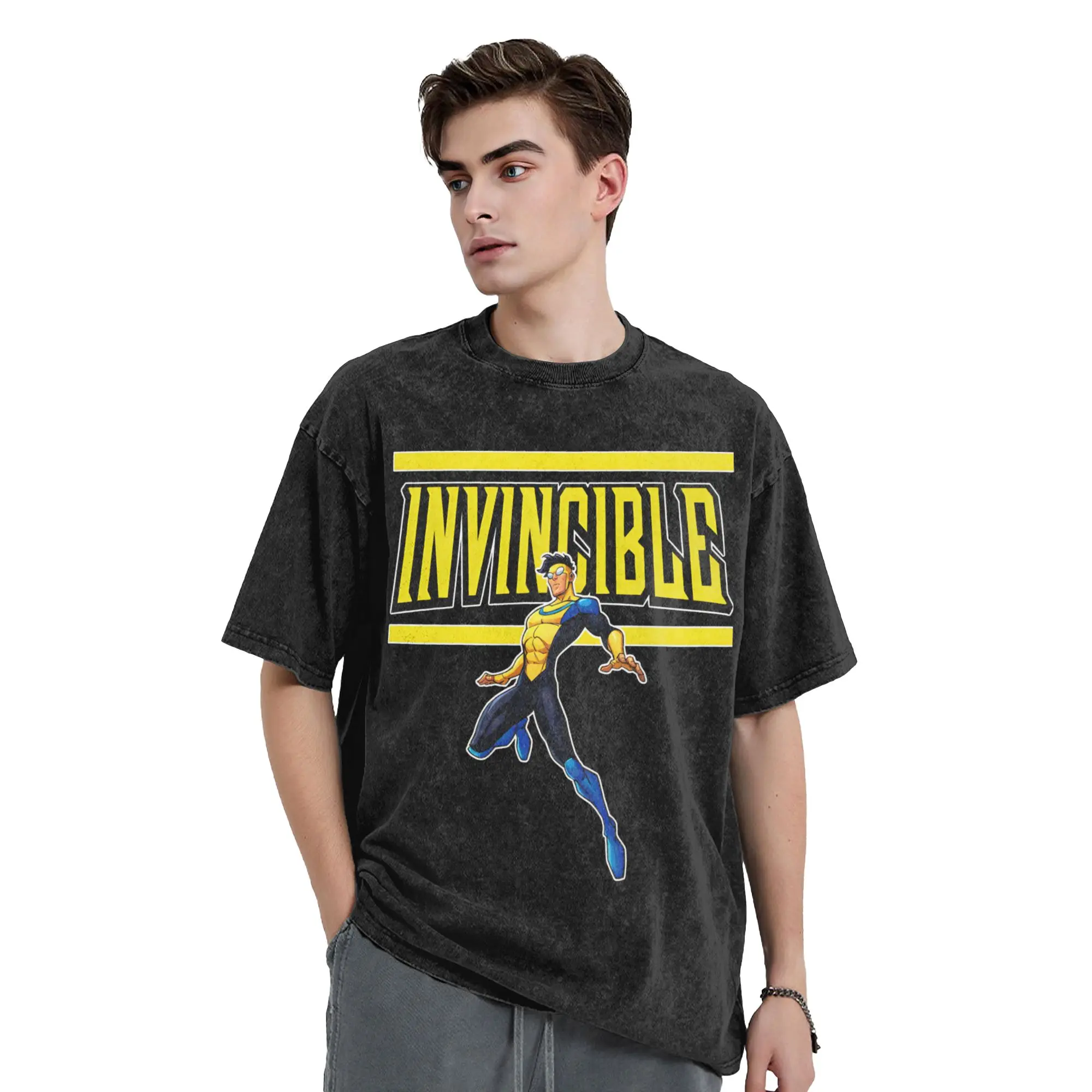Invincible Hero Animated Washed T Shirts Streetwear Retro T-Shirt  Tees Tops Men Women Short Sleeve Street Printed